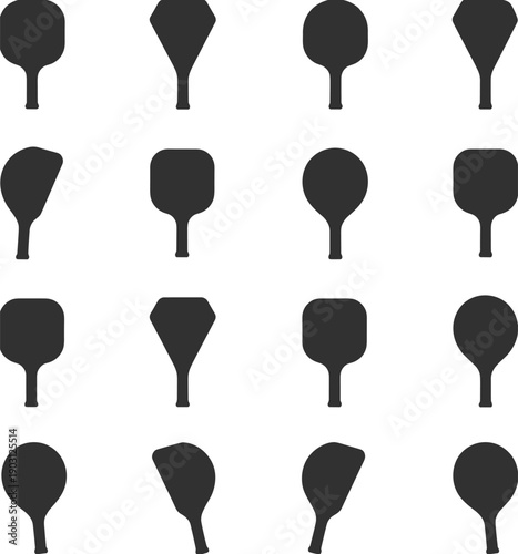 Pickleball paddle silhouette shapes set, black racket variations collection, sport equipment icons, minimal flat style, isolated vector illustration