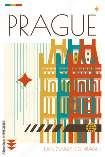 Wallpaper Mural Prague landmark poster in retro futurism style. Vintage printable vector cover, postcard, illustration. Futuristic, halftone Czech Republic city art with iconic monument, building Torontodigital.ca
