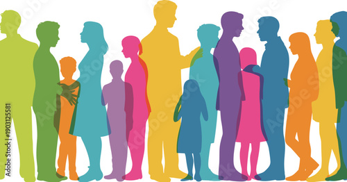 Inclusive diverse silhouettes, colorful overlapping community figures, accessibility equality unity concept, vibrant multicolor illustration design