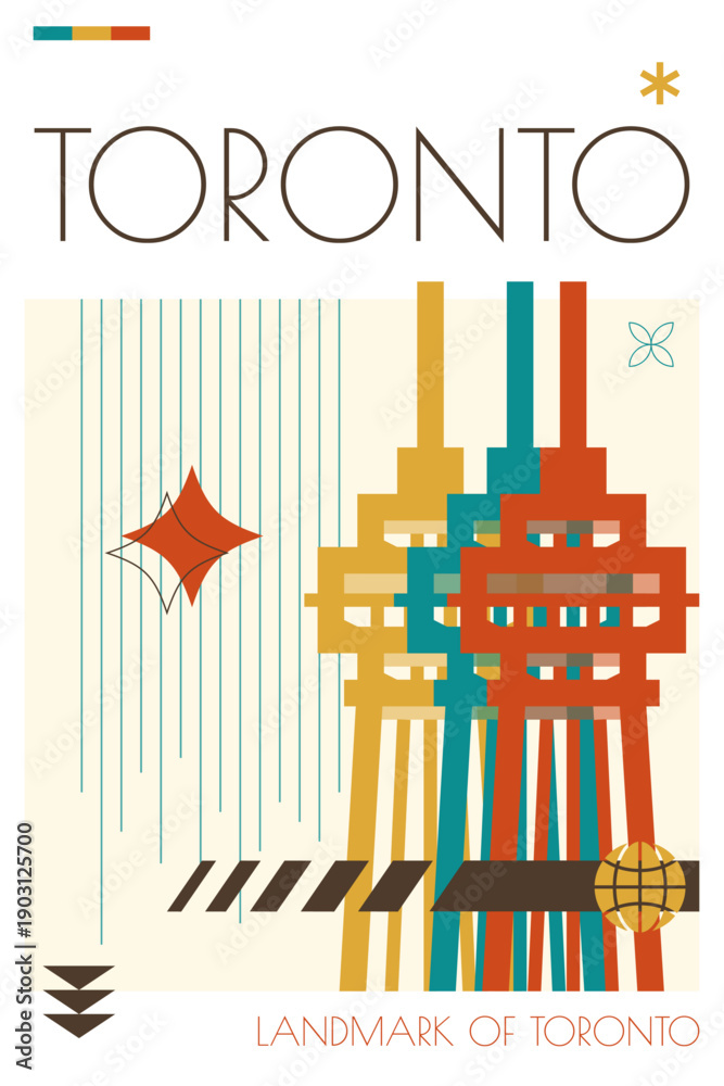 Fototapeta premium Toronto landmark poster in retro futurism style. Vintage printable vector cover, postcard, illustration. Futuristic, halftone Canada city art with iconic monument, building