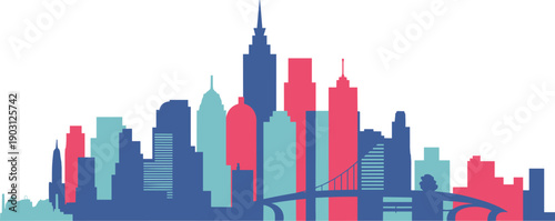 Minimal colorful city skyline with modern skyscrapers and bridge representing urban landscape, architecture, downtown lifestyle flat vector illustration