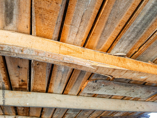 Old Wooden Ceiling with Rustic Beams, Weathered Roof Interior Texture