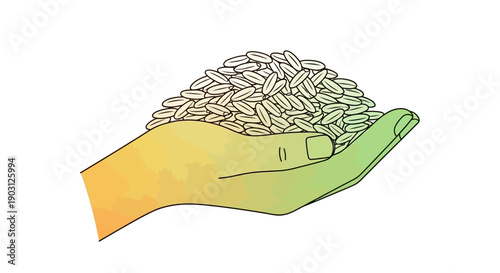 An illustrative representation of a human hand gently cradling a bountiful pile of agricultural