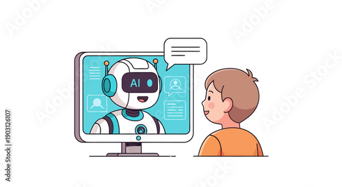 A boy interacts with an AI robot on a computer screen discussing futuristic technology.