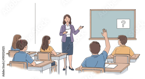 Teacher explains lesson to students in classroom with raised hand and question mark on board