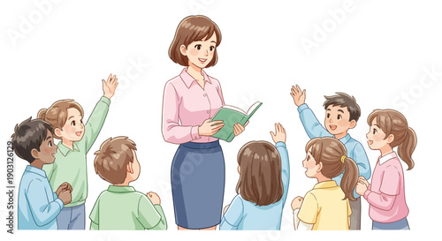 Teacher reads to diverse group of children raising hands in classroom