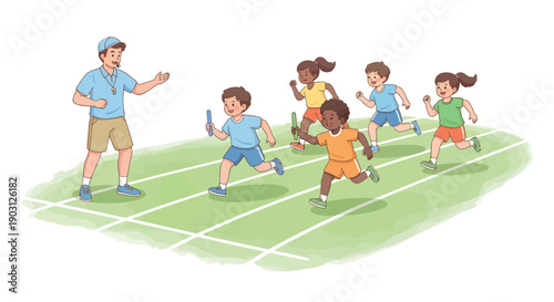 Children participating in a relay race on a green track with a coach