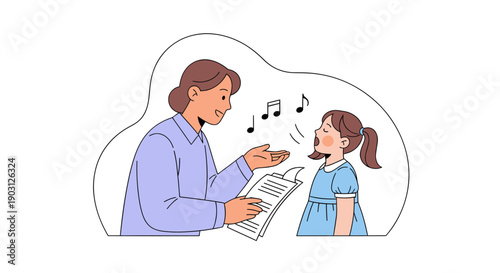 A woman teaches a young girl to sing music together