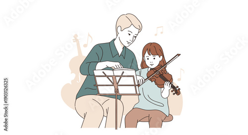 Man teaches woman to play violin with music sheet on stand.