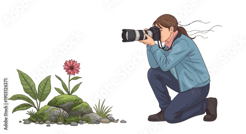 Photographer crouches to capture a pink flower on a rocky outcrop in nature.