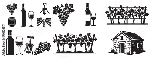 Vineyard and winery element set includes grape clusters, wine bottles, and stone cottages in a black vector illustration.