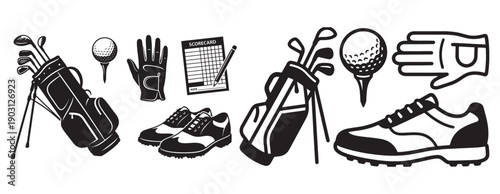 Golf sport gear set features bags, clubs, and shoes in a black and white vector outline.