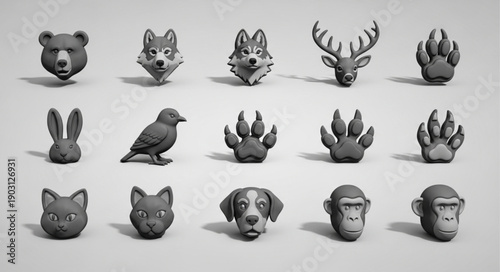 Collection of Diverse Animal Sculptures and Paw Prints.