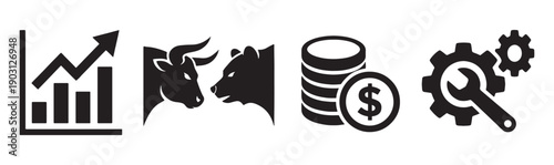 Financial stock market icons include bull and bear, graphs, and dollar coins in a black vector silhouette.