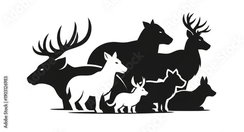 Collection of Diverse Animal Silhouettes in Black and White.