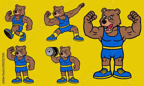 Grizzly Bear Wrestling Mascot Character Set