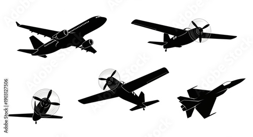 Collection of diverse aircraft silhouettes in flight.