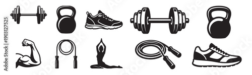 Gym workout fitness set features barbells, kettlebells, sneakers, and yoga poses in a black vector icon style.