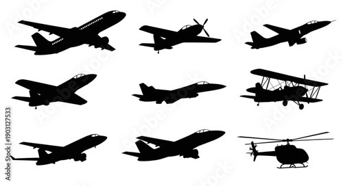Collection of Diverse Aircraft Silhouettes in Flight.