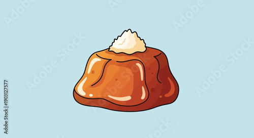 Charming cartoon illustration of a sweet dessert with a creamy topping on a light blue background