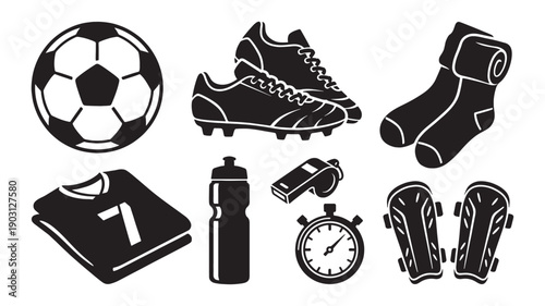 Soccer football equipment set features ball, cleats, jersey, and shin guards in a black vector style.