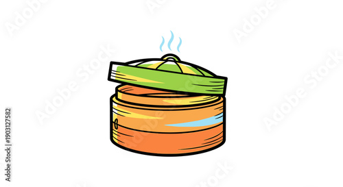 Illustration of a steaming bamboo basket for delicious dim sum dishes kitchenware icon