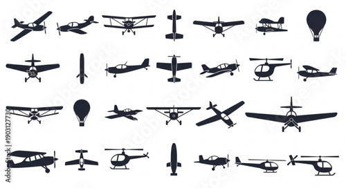Collection of diverse aircraft silhouettes including airplanes and helicopters.