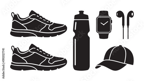 Running fitness accessories set includes sneakers, smartwatch, and water bottle in a black vector style.