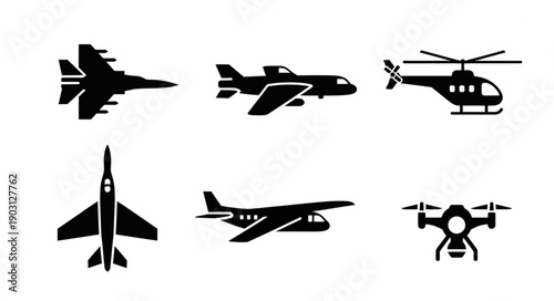 Collection of diverse aircraft silhouettes including jet fighter helicopter drone and airplane.