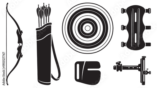 Archery sport equipment set features bows, arrows in quivers, and targets in a black vector silhouette.