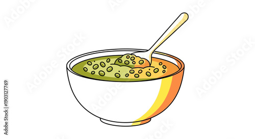 Vibrant cartoon style drawing of a wholesome green pea soup or lentil stew in a white bowl with a