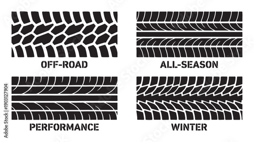 Tire tread pattern set features off-road, winter, and performance track textures in a black vector style.