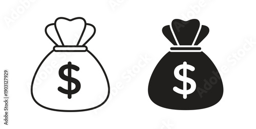 Money bag icons vector symbol with editable stroke and flat versions