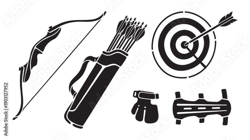 Archery sport set includes recurve bows, quivers, targets, and protective gear in a black vector silhouette.