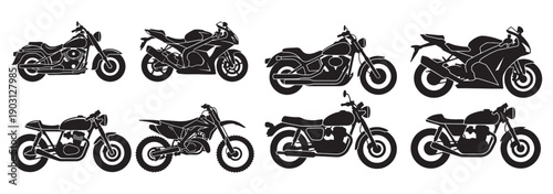Motorcycle vehicle collection features cruisers, sportbikes, and dirt bikes in a black vector silhouette style.