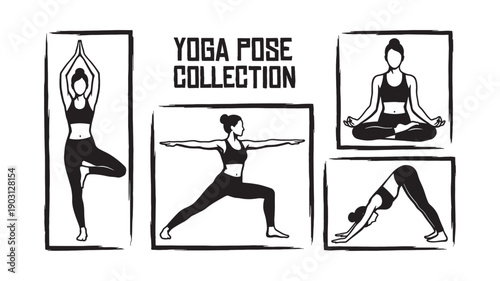 Yoga pose collection features women in tree, warrior, and lotus positions with brush frames in a black vector style.