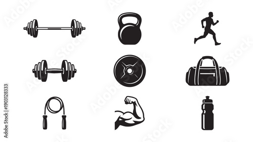 Fitness gym icon set includes running men, gym bags, water bottles, and weights in a black vector silhouette.