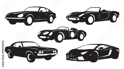Sports car collection features classic muscle cars and modern supercars in perspective views in a black vector style.