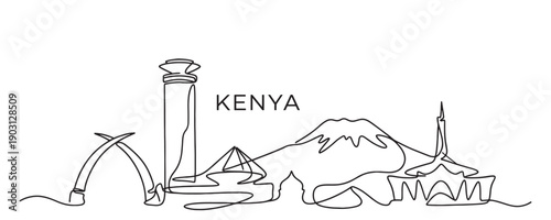 Kenya Nairobi skyline continuous line drawing features mountains and monuments in a minimalist vector style.
