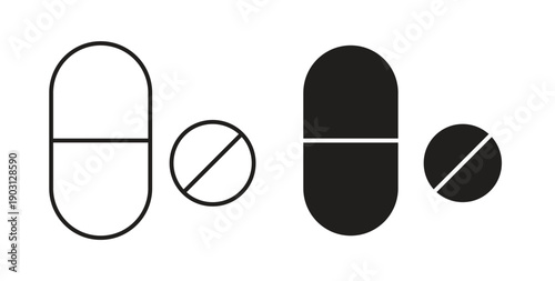 Pills icons vector symbol with editable stroke and flat versions