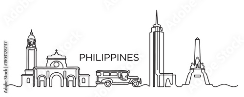 Philippines Manila skyline continuous line drawing features a Jeepney, Rizal Monument, and skyscrapers.