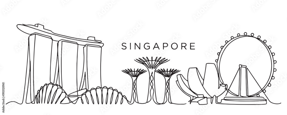 Fototapeta premium Singapore city skyline continuous line drawing features Marina Bay Sands and Singapore Flyer.