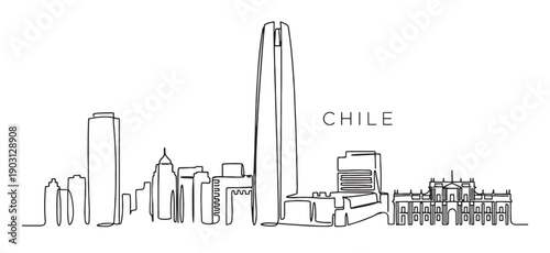 Chile Santiago skyline continuous line drawing features the Costanera Center tower and Andes mountains.