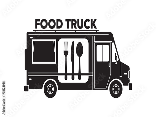 Black and white illustration of a food truck with utensils