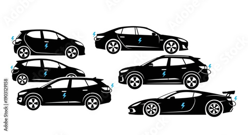 Collection of diverse black car silhouettes on white background.