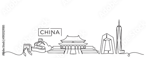 China skyline continuous line drawing features Great Wall, Forbidden City, and Shanghai skyscrapers.