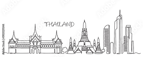 Thailand Bangkok city skyline continuous line drawing features traditional temples and modern skyscrapers.