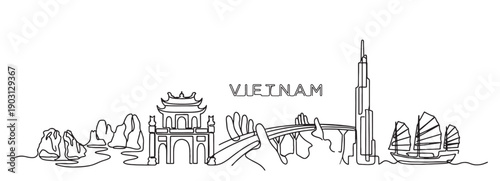 Vietnam landscape continuous line drawing features Ha Long Bay rocks, One Pillar Pagoda, and city landmarks.