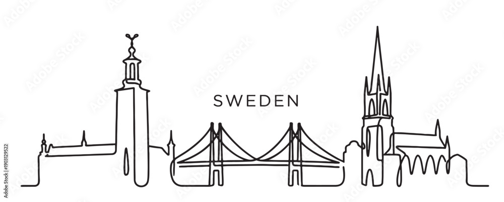 Obraz premium Sweden Stockholm skyline continuous line drawing features the City Hall and Riddarholmen Church.