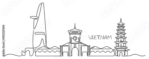 Vietnam Ho Chi Minh City skyline continuous line drawing features Bitexco Tower and Ben Thanh Market.
